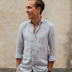 carpasus sustainable organic linen shirt stripes khaki white. Nachhaltiges Carpasus Hemd aus Bio Leinen mit Streifen Khaki Weiss